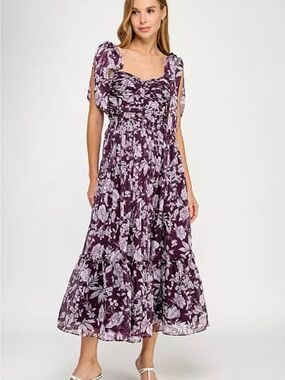 NWT Alex & Sophia Floral Shoulder Tie Dress in Plum 13/14